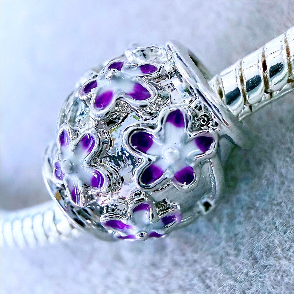 Purple White Enamel Flower Charm Bead fits PANDORA‎